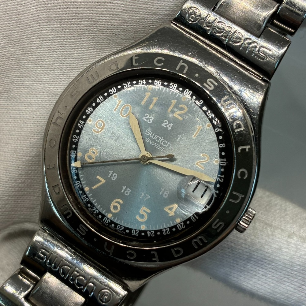 Swatch Irony Happy Joe Watch Unisex 37mm Blue Dial Steel Date YGS410G-WORKING!